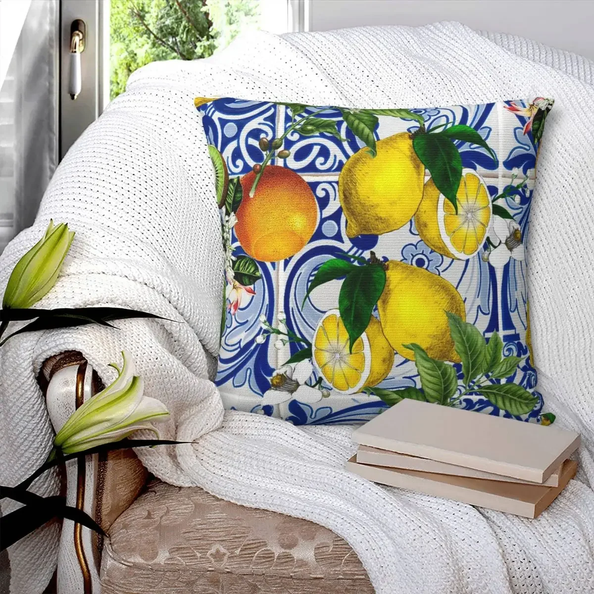 Mediterranean Lemon On Blue Ceramic Tiles Pillowcase Pillows Cover Cushion Comfort Throw Pillow Sofa Decorative Cushions Used