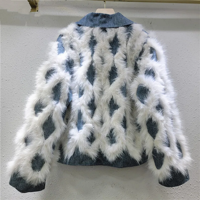 2024 Winter New Rhombus Grid Imitation Fox Hair Splicing Denim Thickened Coats Warm Fashion Short Denim Cotton-padded Jacket