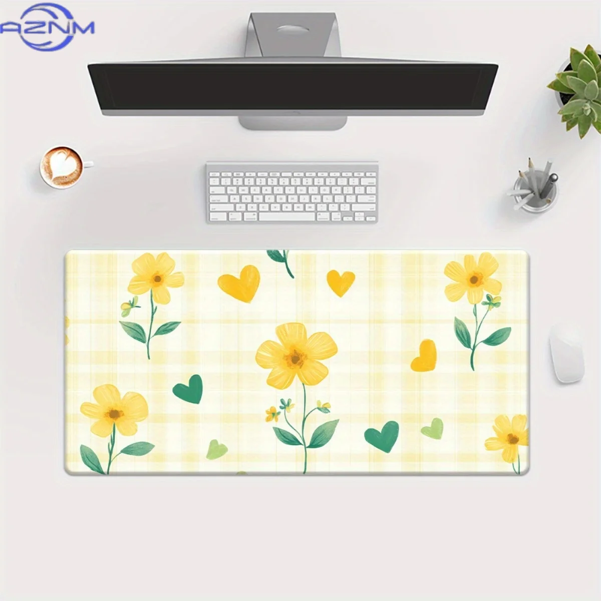 1pc Yellow  & Hearts Checkered Desk Mat - XXL Rubber Mouse Pad with Vibrant Floral Design, Perfect for Office, Gaming, or Home U