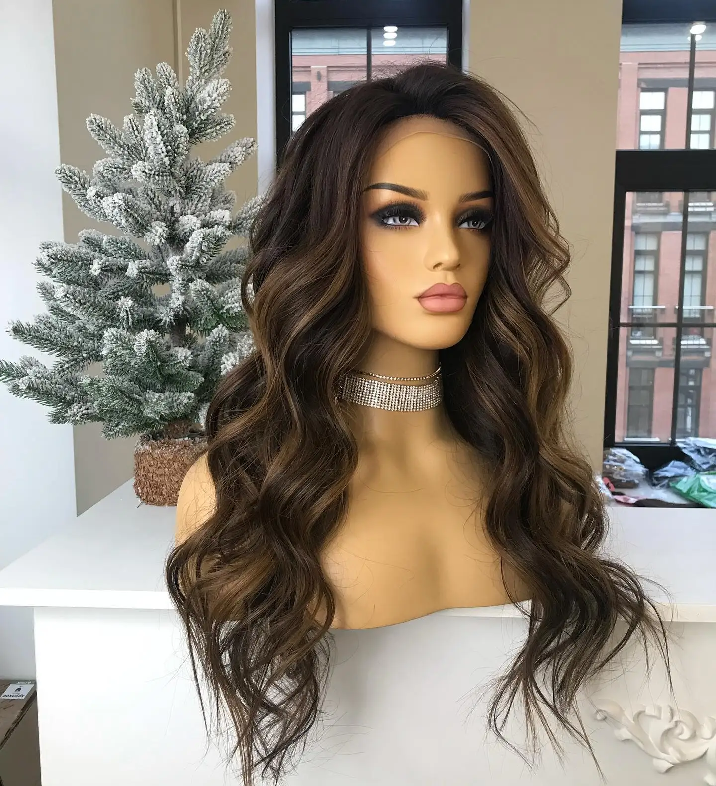 

Dark Blonde Highlight Human Hair Wigs Brazilian Natural Wavy Brown Women Hair Wig