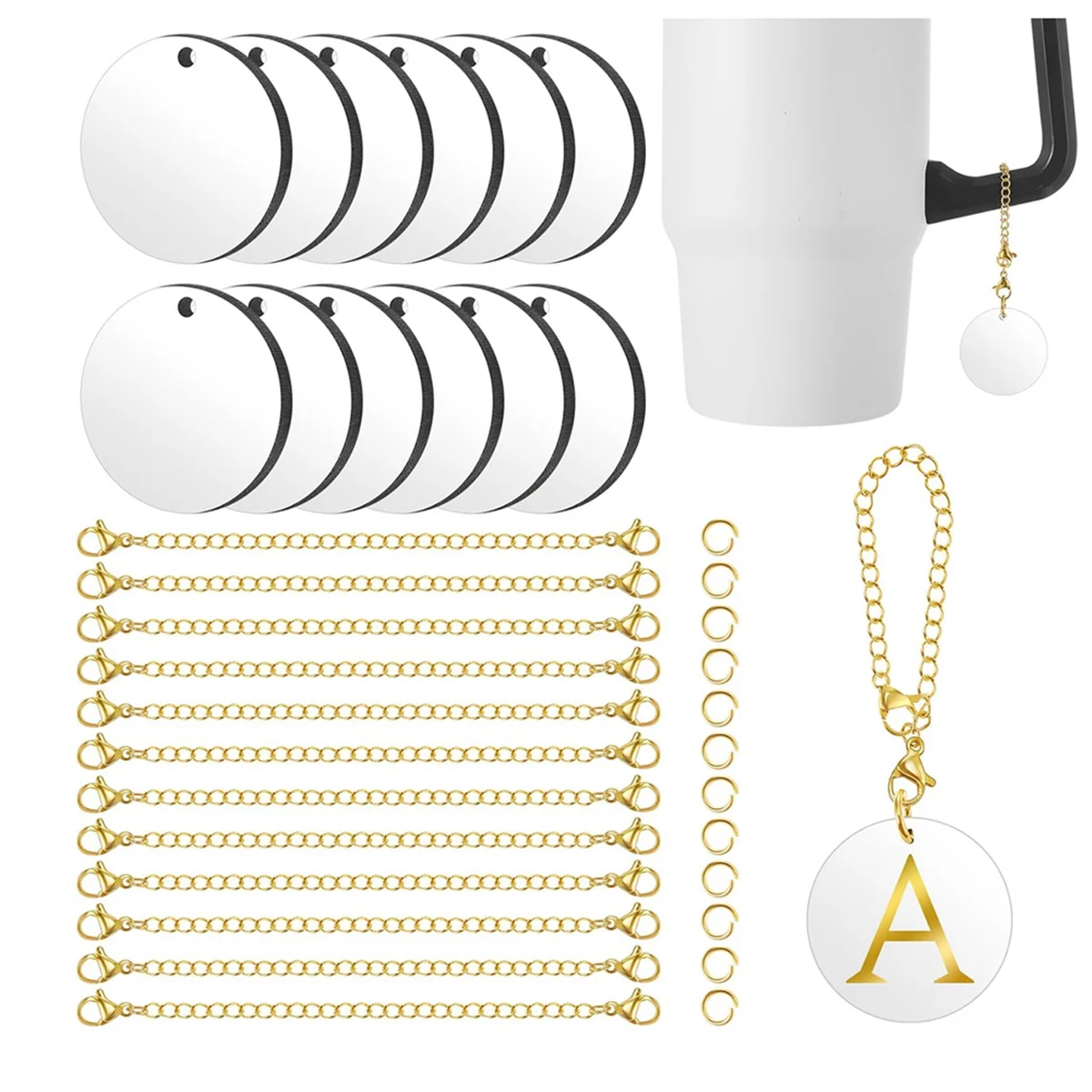 12 Sets Sublimation Charm Accessories for Stanley Cup Name ID Charm for Tumbler Cup MDF Round Single Side Gold