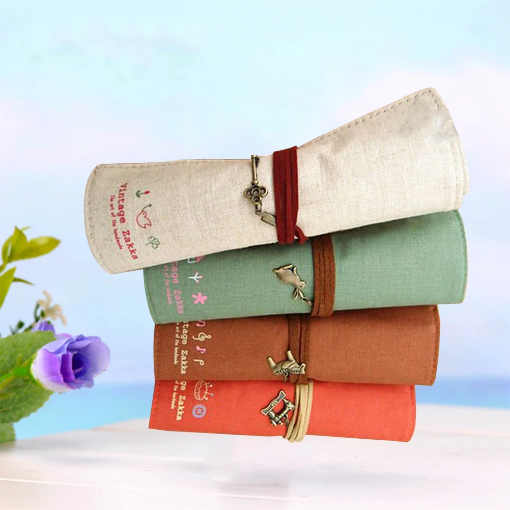 

4pcs Vintage Canvas Rolling Pencil Bag Eco-Friendly Washable Stationery Pen Case For Pouch Retro Pendant Dustproof