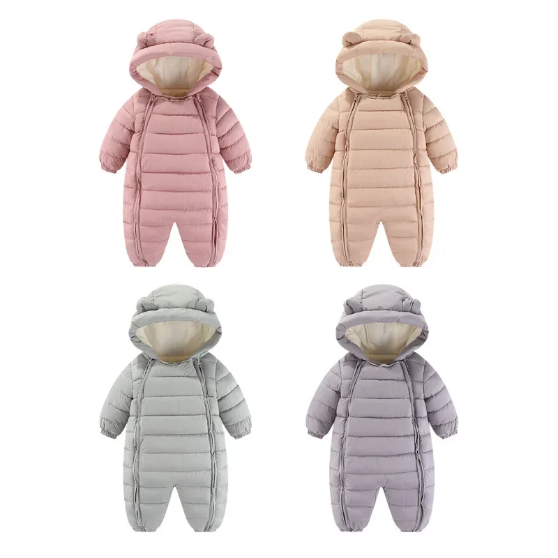 2024 New Winter Baby Hooded  Jumpsuit 0-2 Y Infant Cute Solid Color Fur Lining Romper Toddler Add Fleece Outwear Baby Clothes