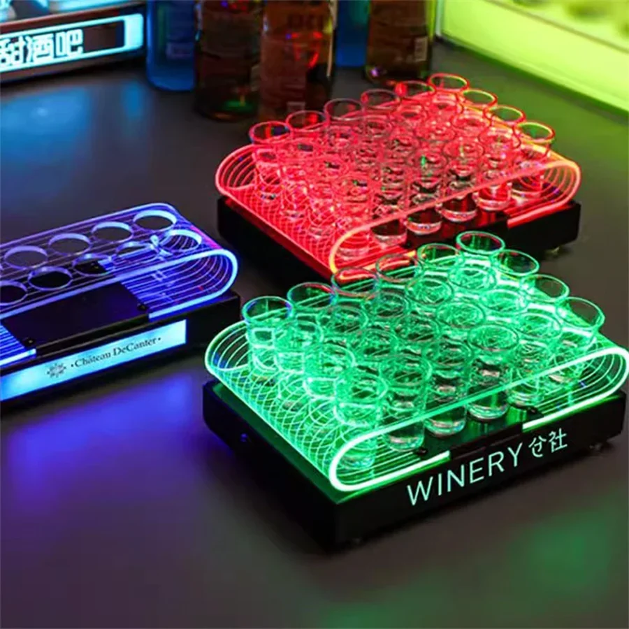 Thrisdar 12/24 Holes LED Cocktail Glass Display Stand Rechargeable VIP Shot Glass Service Tray Champagne Wine Cup Rack Holder