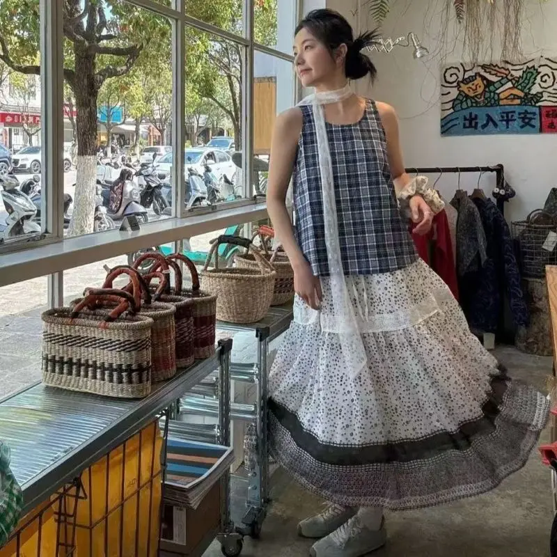 Vintage Forest Two Piece Set Plaid Sleeveless Tank Top Floral Patchwork Maxi Skirt Women Casual Outfit