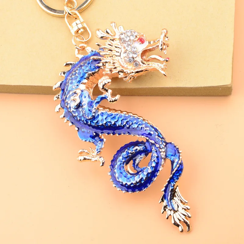 Chinese Dragon Rhinestone Keychains Creative Crystal Metal Car Key Ring Chinese New Year Lucky Pendant Gifts Auto Inter Decor