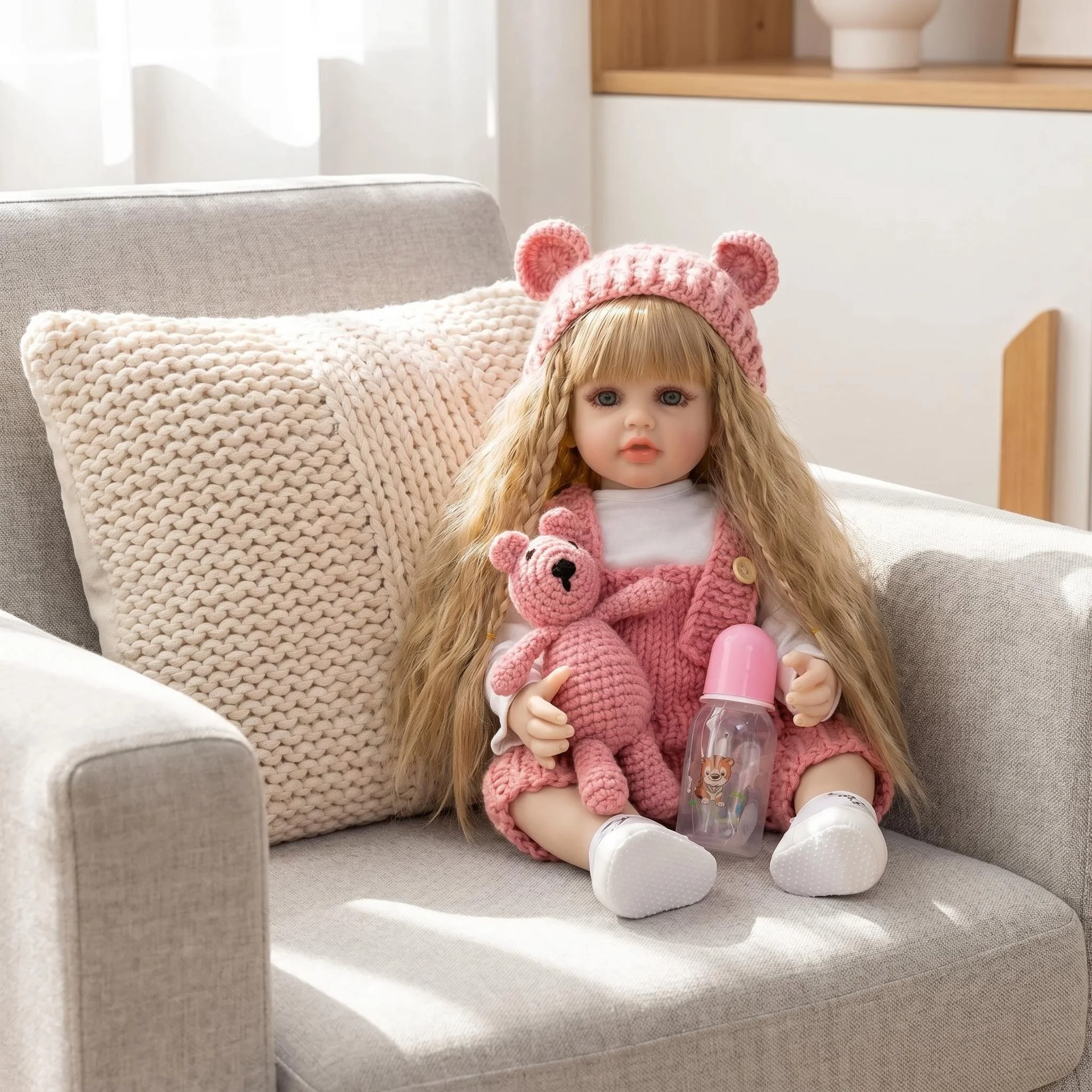 NPK 55CM Lebensechte Vinyl-Reborn-Babypuppe Wasserdichte Betty Puppe mit lockigem dunkelblondem Haar Prinzessin Ganzkörperpuppe