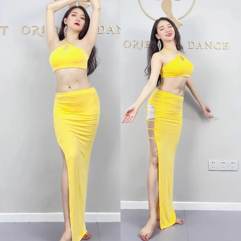 Customized Belly Dance Costumes Practice Dress Yellow Modal Strapless and Legless Skirt Sexy Beginner Oriental Dance Costume