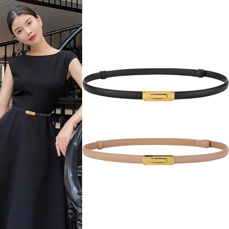 Ceinture fine en cuir véritable pour femmes, ceinture de créateur élégante pour filles, ceinture réglable pour robes et jeans féminins, structure dorée de luxe