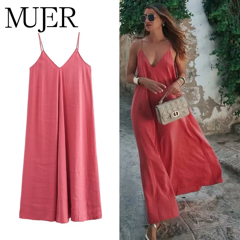 MUJER 2025 Abito lungo sottoveste rosso Donna Abiti lunghi sexy senza schienale per donna Abito estivo da spiaggia femminile Abiti da festa drappeggiati Donna
