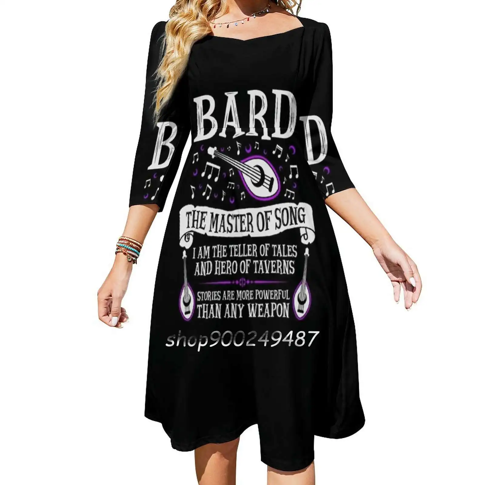 Bard , The Master Of Song-Dungeons & ( White ) Square Neck Dress Cute Loose Print Dresses Elegant Beach Party Dress Geek Sundry