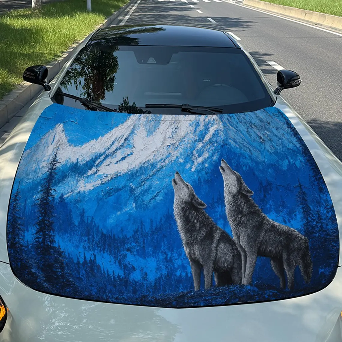 

Blue Mountain Wolf Howling PVC Car Hood Wraps, Self-Adhesive Waterproof Car Bonnet Decal Sticker, Car Decoration Protection Stic