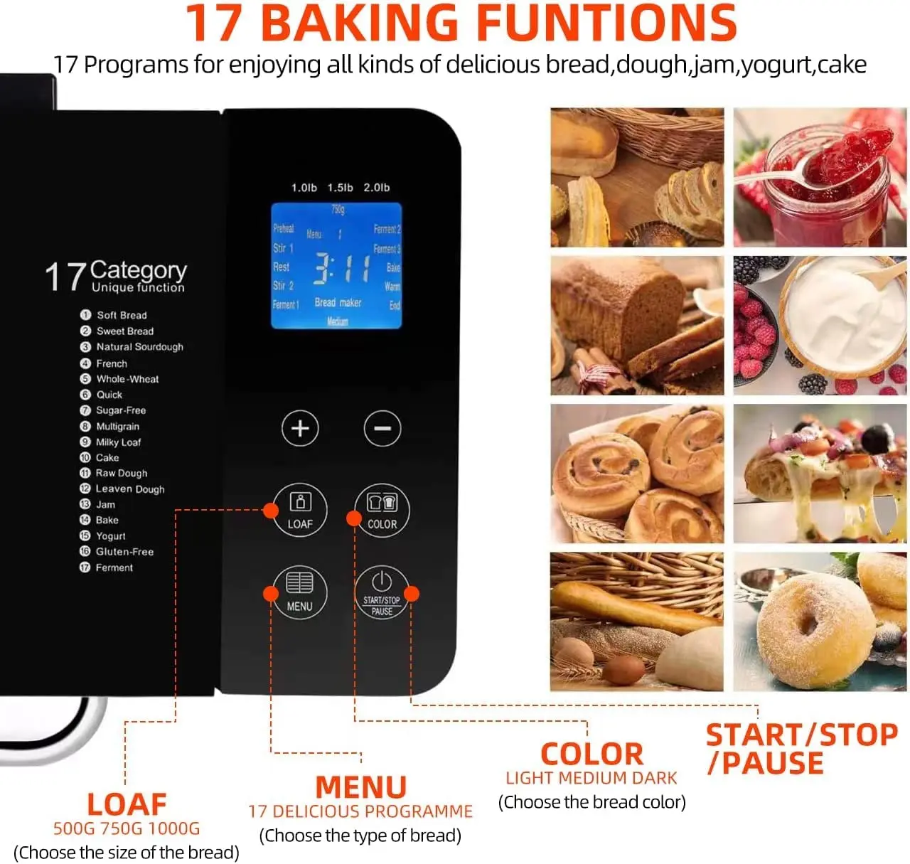 Máquina de fazer pão 17 em 1, máquina de 710 W de aço inoxidável com sem glúten, máquina de massa, geléia, iogurte PROG, dispensador automático de