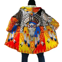 HX Winter Cloak American Indian Ethnic Tribal Totem Print Hooded Coats Cloak for Men Windproof Fleece Cape Blanket Dropshipping