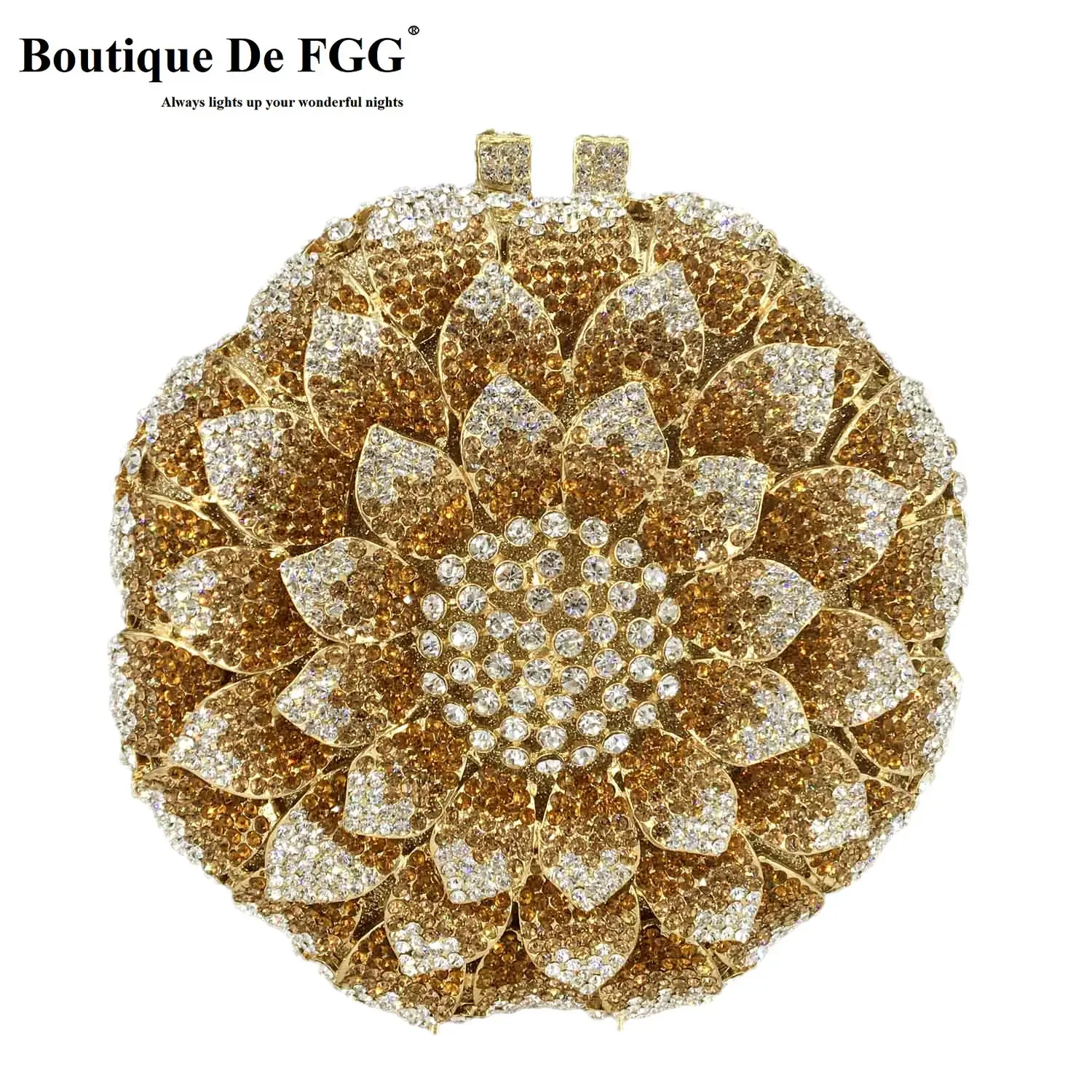 

Boutique De FGG Round Sunflower Women Crystal Clutch Bag Rhinestone Purses and Handbags Wedding Party Flower Evening Clutch Bag