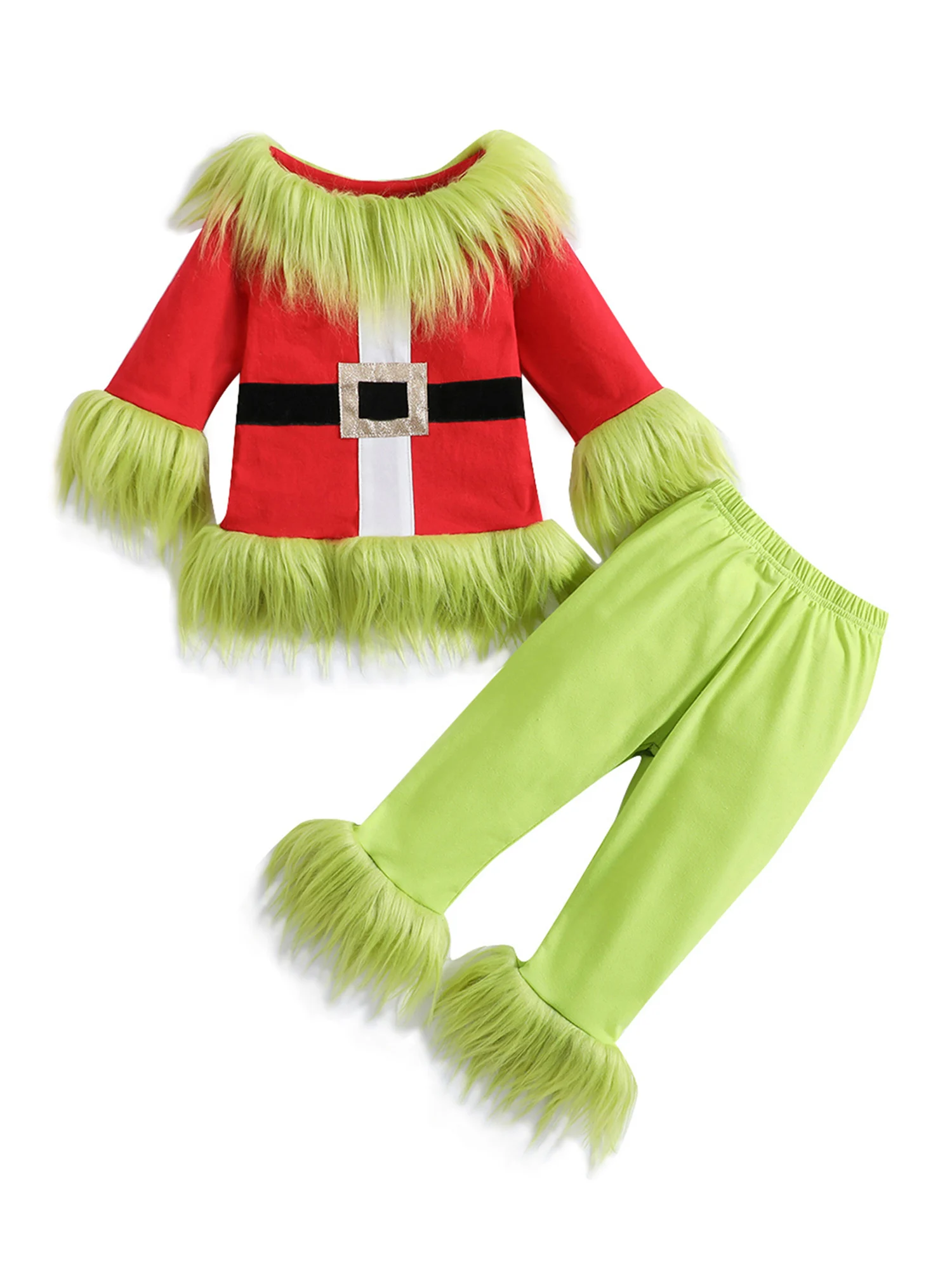 2022 Christmas Green Monster Costume for Toddler Kids Faux Fur Trim Santa Claus Elf Cosplay Skirt Pants Set for Boys Girls