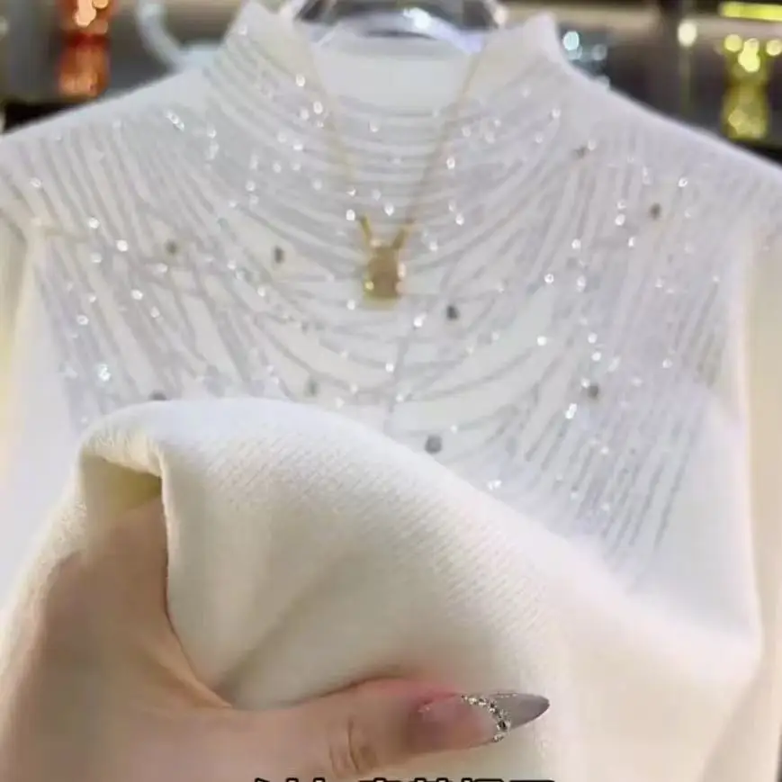 New Trend Autumn Winter High-end Sparkle Stones Stand Collar White Sweater Women's Knitwear Pullover Jumper Pull Femme