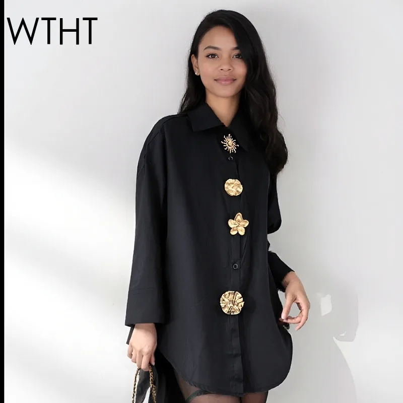 WTHT Nowa Modna Damska Koszula z Kwiatową Ozdobą na Guziki, Luźny Krój, Wiosna 2026, Modna Bluzka z Kołnierzykiem i Długimi Rękawami, Model Damski 1LS2794