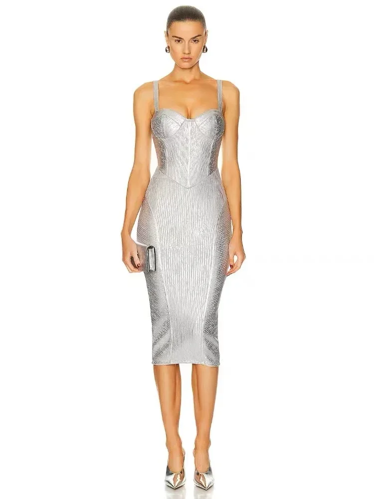 

Foil Silver Color Women Sleeveless Sexy Strap Square Collar Bodycon Midi Bandage Dress Celebrate Nightclub Party Dress Vestido