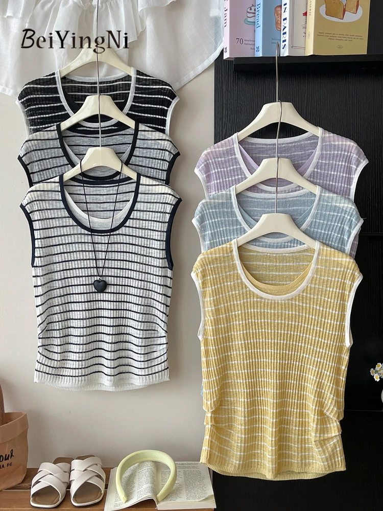 

Beiyingni Women Casual Striped Tops Ice Silk Slim Patchwork Elegant French Sleeveless Tees Women's Vintage Summer Knitted Camis