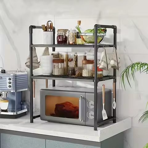 New Year: Heavy-Duty Adjustable/Stackable/Foldable Telescopic Upright Storage Rack/Microwave Stand - Multiple Models Available, Sturdy Metal Countertop Rack with Upper and Lower Layers, Space-Saving Microwave Top Storage Rack and Small Appliance Organizer/Spice Bottle Kitchen Pot Rack, with Hooks - Easy-To-Assemble Kitchen Organizer