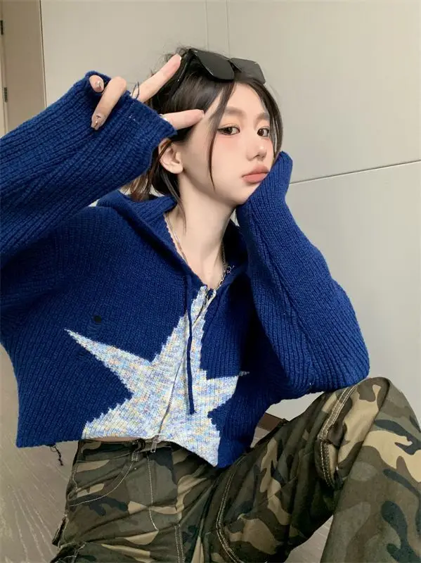 Sweater Women Spring Autumn New Fashion Loose Star Navel Exposed Outfit Street Style Full  Pullovers