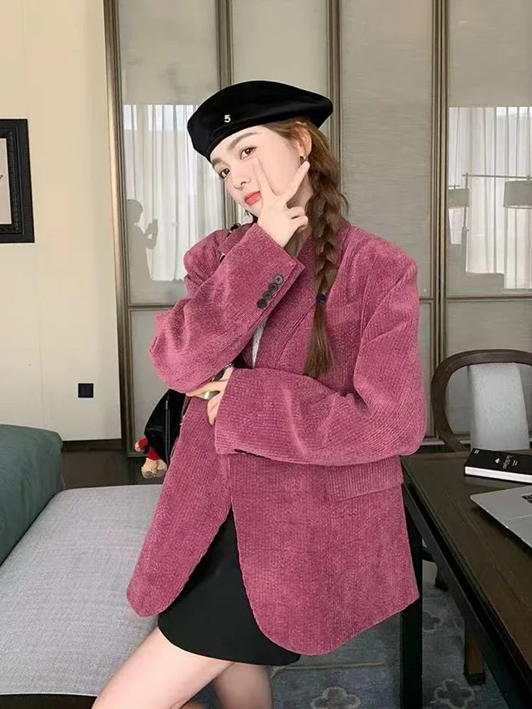 Vintage Corduroy Women Blazer Y2K Streetwear Loose Single Breasted Suit Jacket Korean Long Sleeve Elegant Office Lady Outerwear