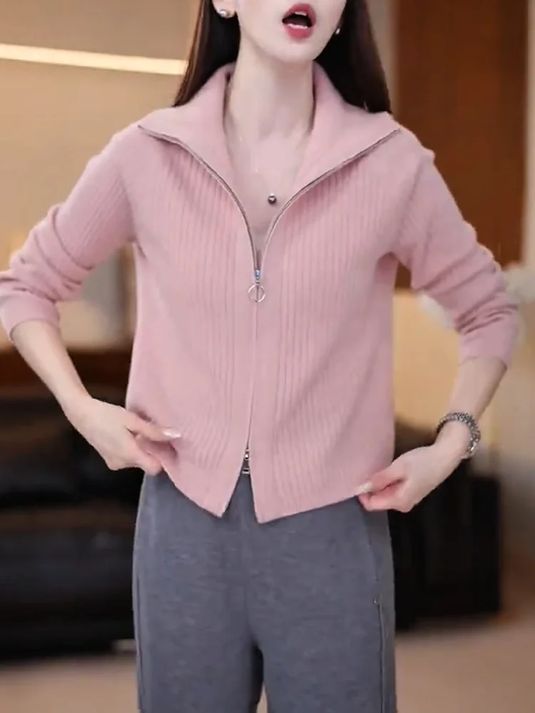 

Корейский элегантный вязаный кардиган на молнии, модный универсальный топ для осеннего сезона, большие размеры