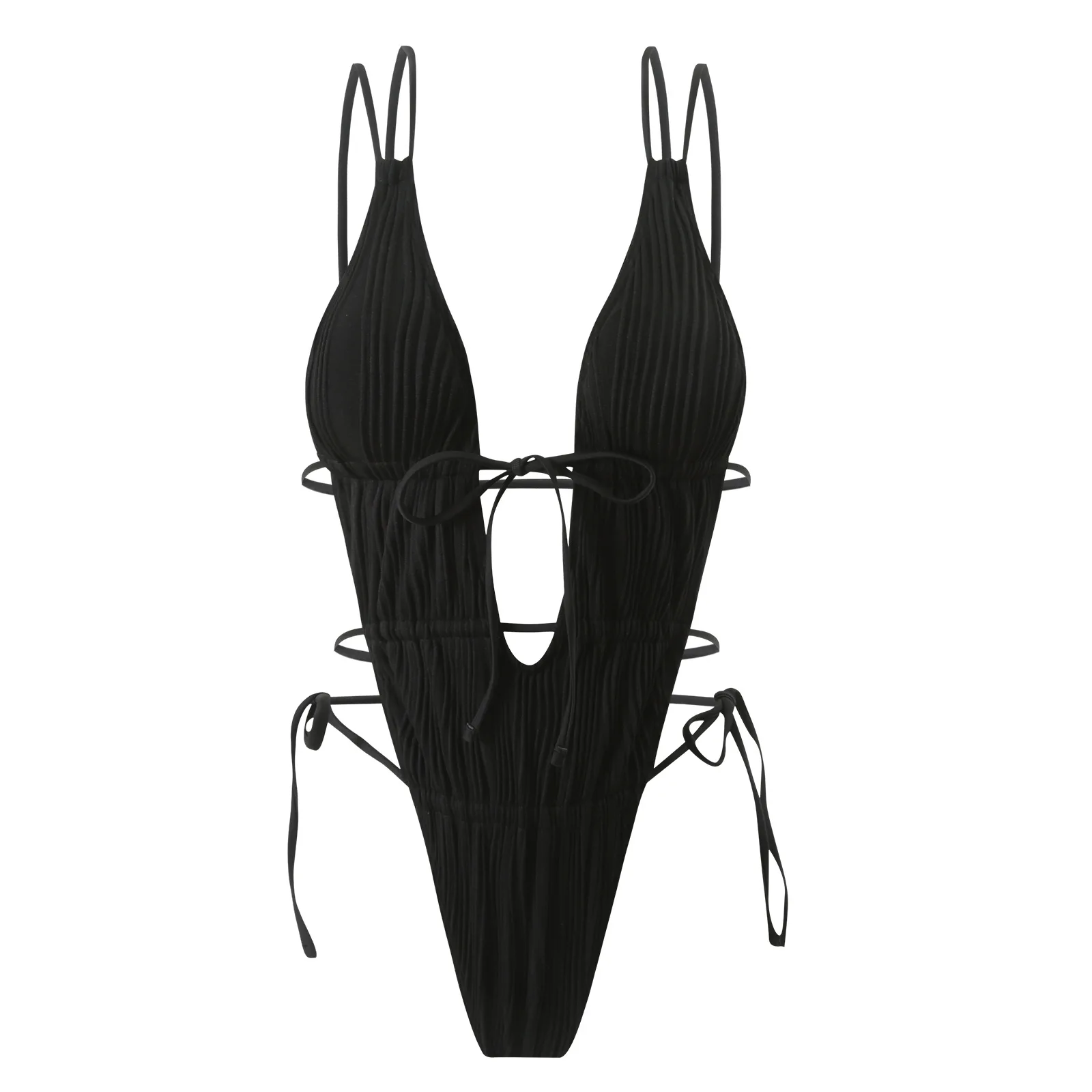 New Arrival Black Sexy Bikini Women's Double Strap Textured Design One-Piece Swimsuit Summer Pool Bathing Beach Swimwear Solid