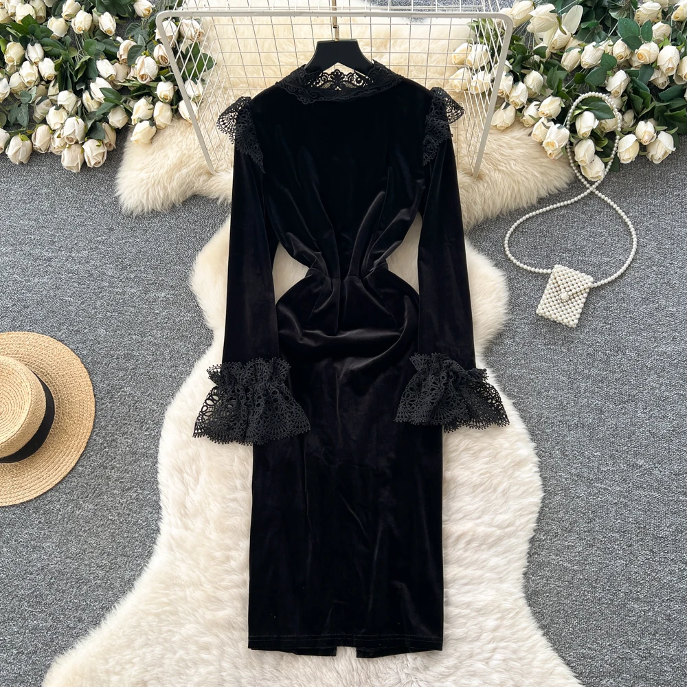 Elegant Chic long sleeve velour lace button Slim Dresses Party High Street evening dress Autumn Clothing