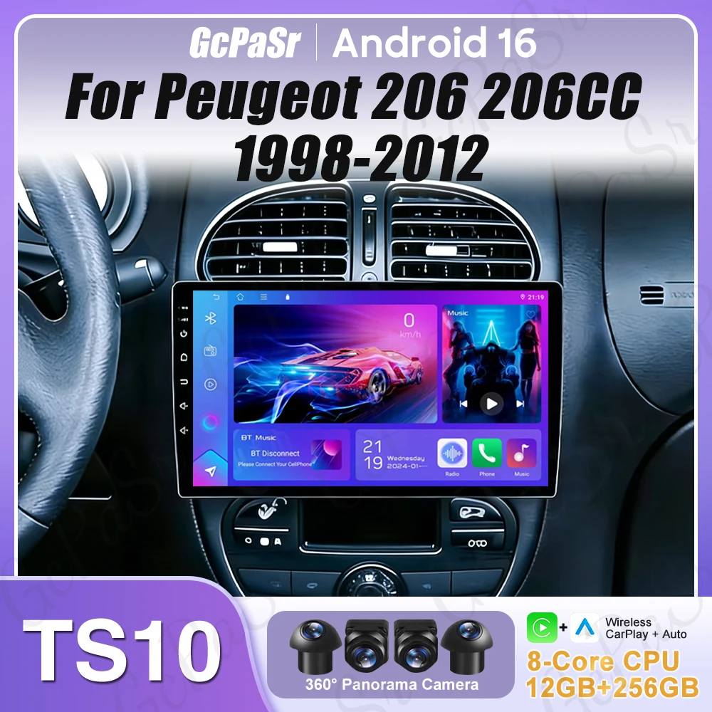 Android 16 Car Radio For Peugeot 206 206CC 1998-2012 Car Stereo Bluetooth 4G Wifi GPS Navigation Screen Wireless Carplay Monitor