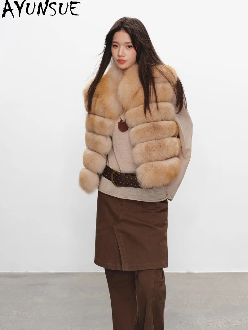AYUSNUE Women Whole Skin Fox Fur Vest Back Fur Leather Insert Retro Sleeveless Top Ladies Real Fox Fur Gilet Winter Outerwear