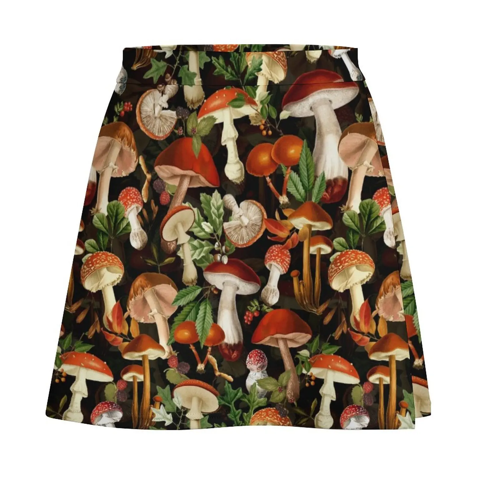 Vintage Red Mushrooms Forest Botanical Night Garden Pattern - Black Mini Skirt japanese style Mini Skirt