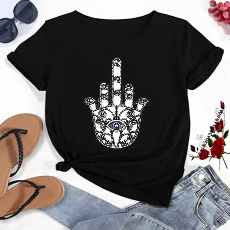 Hamasa mão de fátima impressão camisetas femininas sorte hamsa mão harajuku unissex t camisas verão manga curta preto topo t feminino