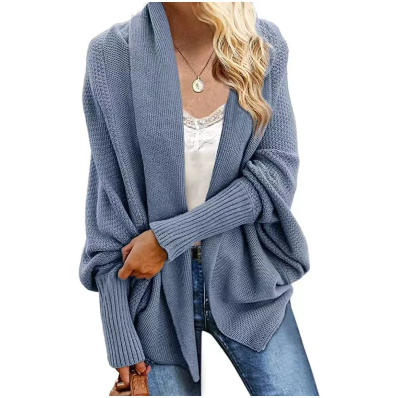 

Knitted Sweater Outerwear Women Batwing Sleeve V Neck Cardigan Open Stitch Sweater Solid Loose Fit Slight Strech 2024 Basics