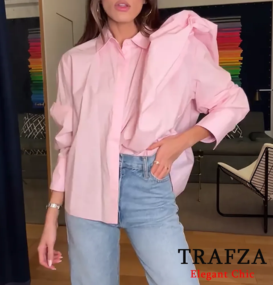 

TRAFZA-Women Sweet Pink Poplin Shirt Puffed Shoulder Design Lapel Buttons Shirt New 2025 Spring Fall Energetic Picnic Date Shirt