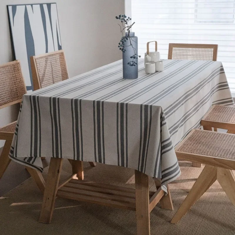 1pc Gray and White Simple Style Four Seasons Tablecloth - Wide Stripes and Solid Color Edging Decorative Tableclothxzj