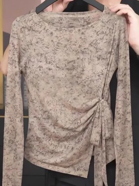 

plus Size Women's Early Autumn Double Layer Korean Sle Printed Long Sve T-irt with Ribbon Tie Me Top Design Sensation