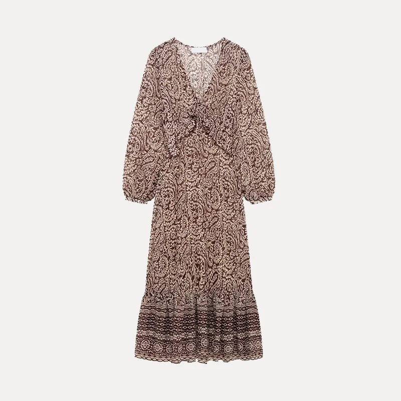 Primavera 2025 feminino rua sle midi dr v-ne em camadas decoração impressão casual faion fibra de poliéster 00% nova chegada