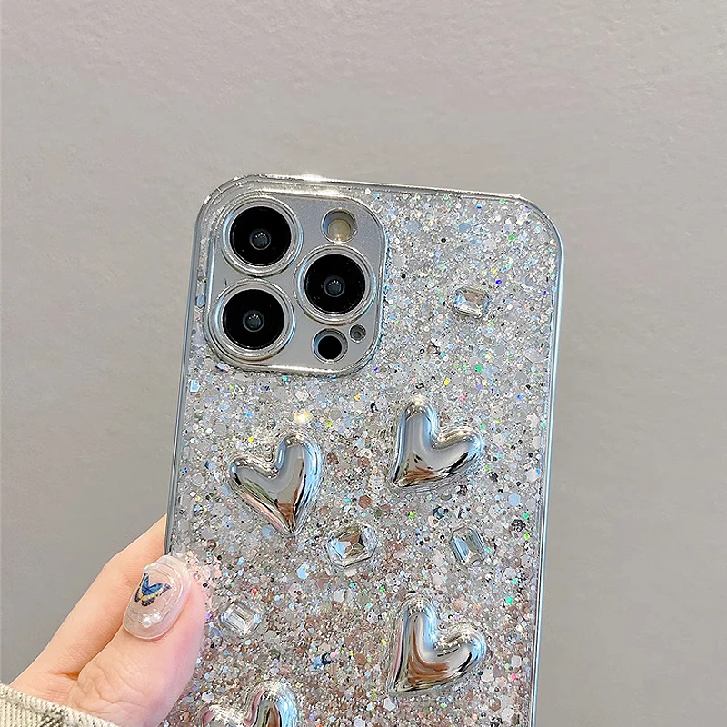Luxurious Phone Case For iPhone 15 14 13 12 Pro Max electroplated silver glitter Cover for iphone 11 love bow case with Bracelet