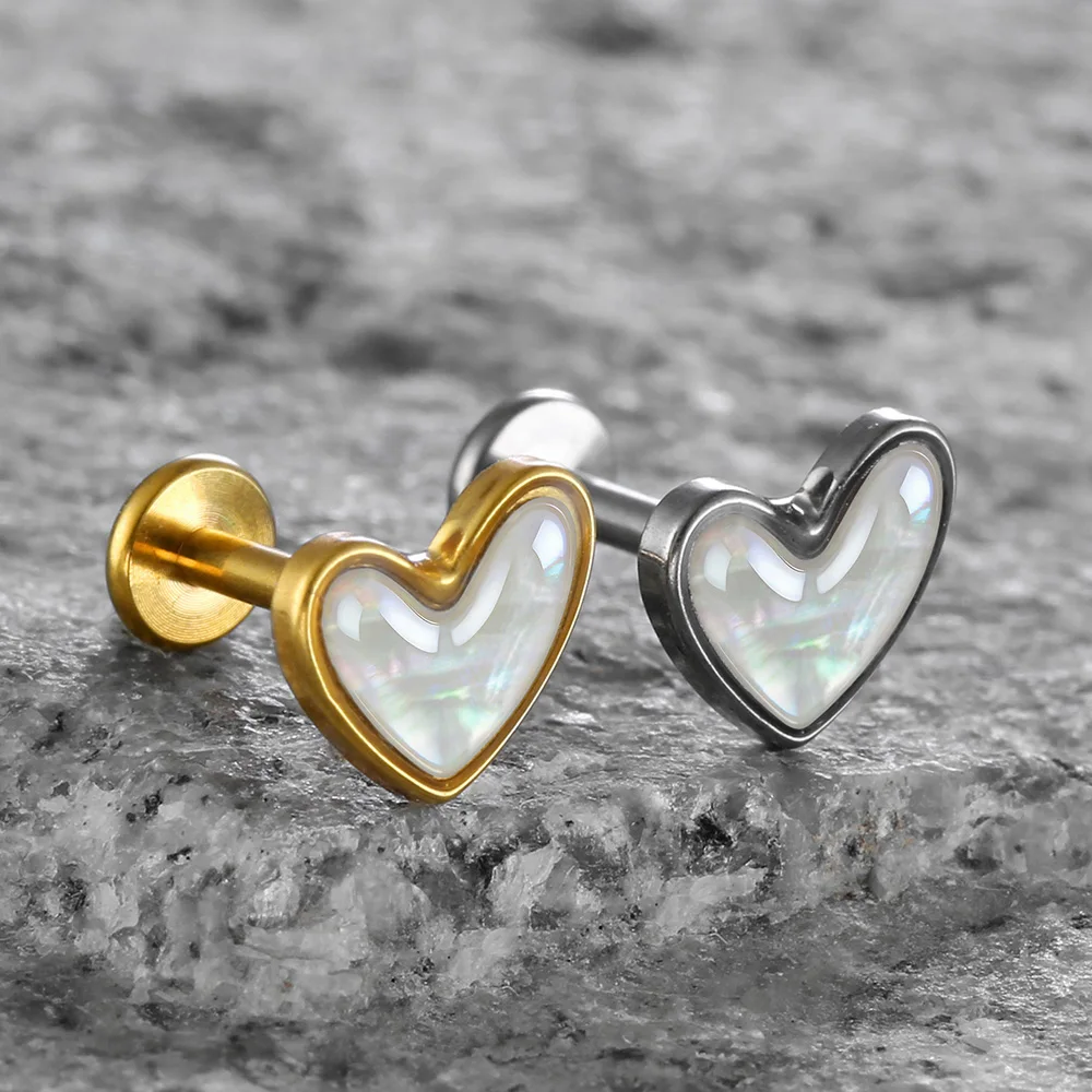 Titanium Shell Heart Flat Back Labret Piercing Studs, Body Jewelry