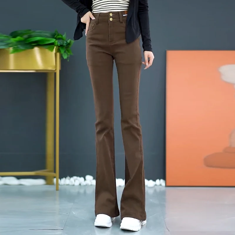 

High Waist Flared Jeans Women's Fleece Lined Thickened Tight Leggings Long Pants Spring Autumn High Waist Bell Bottoms