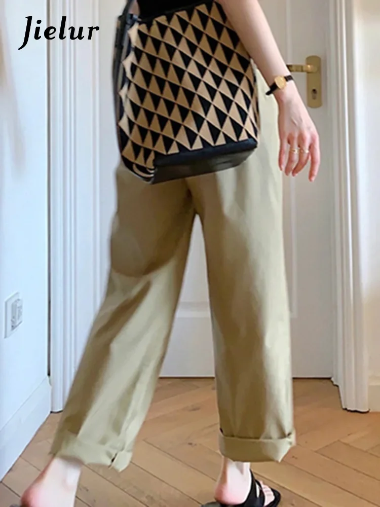 Jielur ارتفاع الخصر الأصفاد المستقيمة الإناث بنطال ذو قصة أرجل واسعة موضة بسيطة الأساسية ملابس العمل بلون الصيف الكاكي شيك سراويل نسائية
