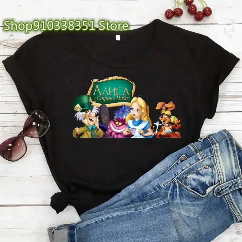 

Black T Shirt Women Harajuku Alice in Wonderland Streetwear Clothes Ulzzang Tshirt Hip Hop Fashion T-shirt Female Dropshipping