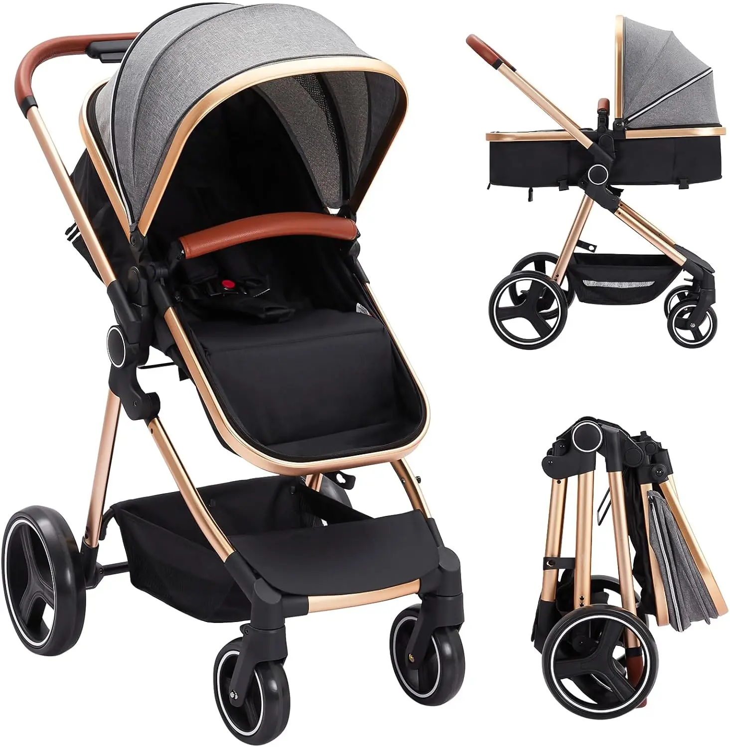 2 in 1 Stroller, Folding Baby Carriage, Convertible Combination Stroller With Travel System, 5-point Safety Harness, For Newborn