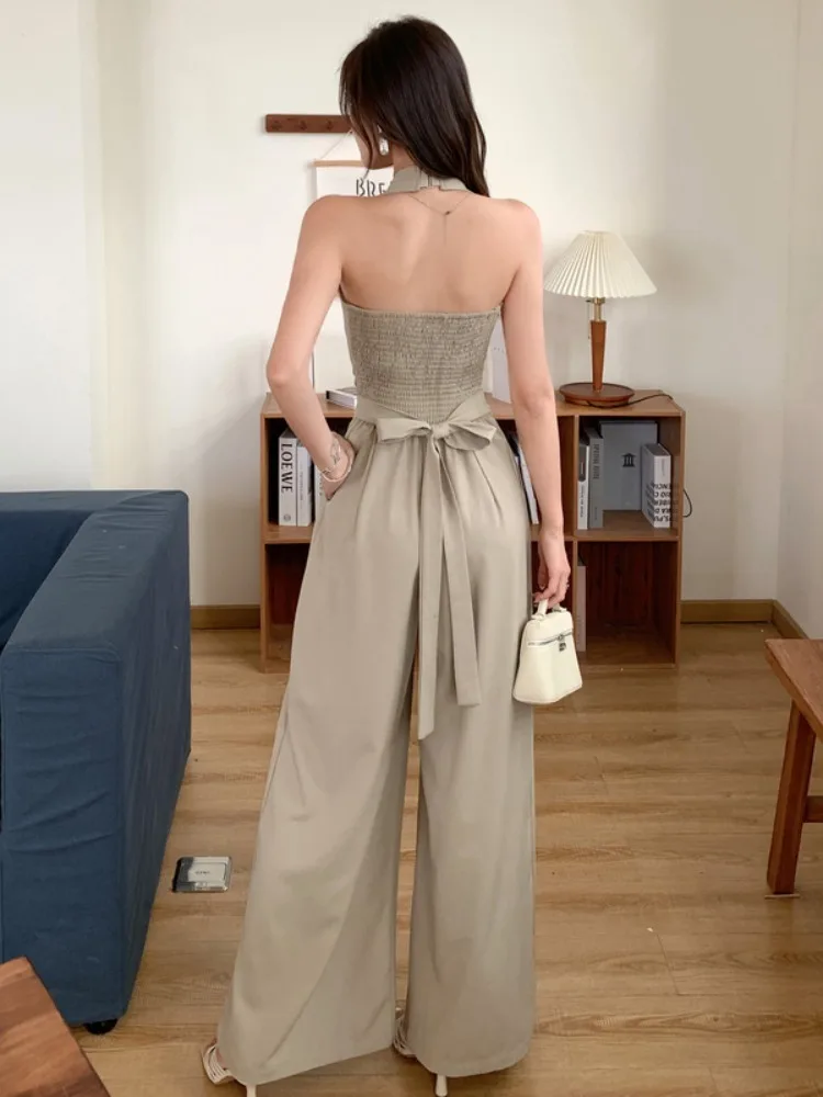 French Elegant Sleeveless Jumpsuit Women V Neck Lace Up Waist Slim Wide Leg Long Pants Summer Casual Office Clothing