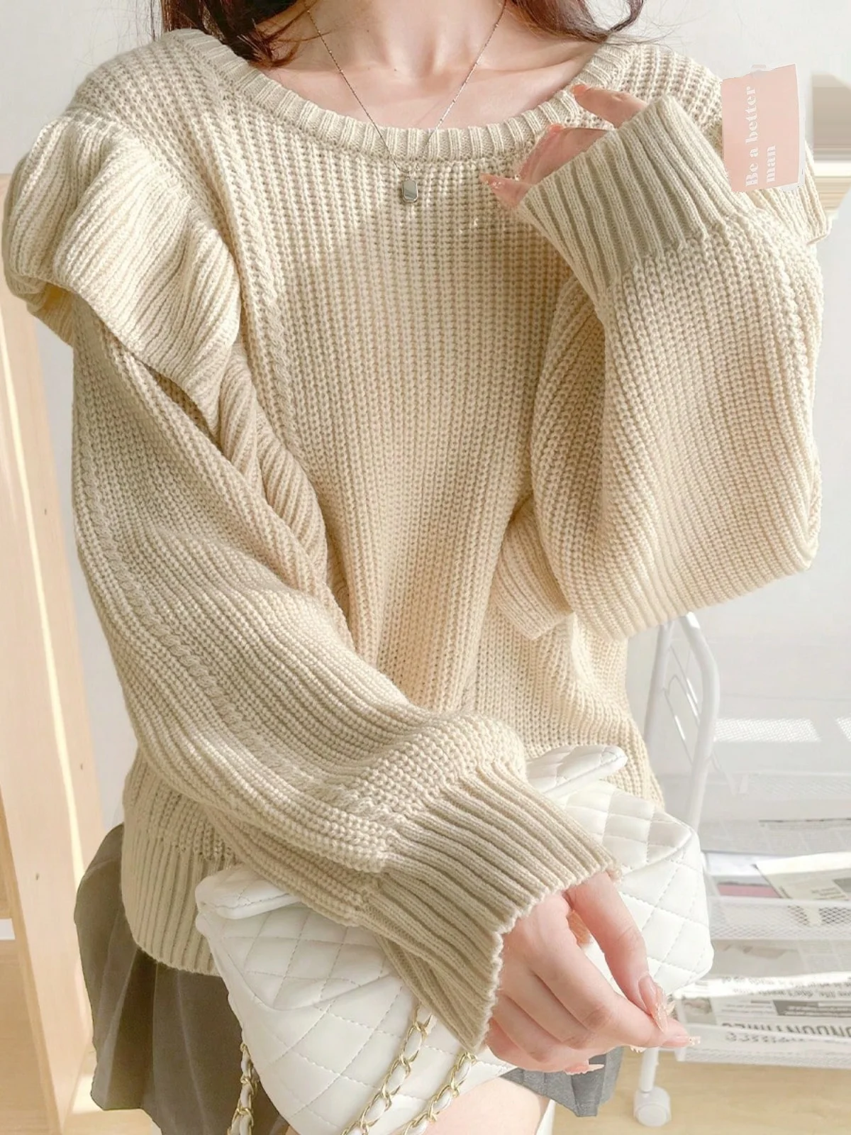 เสื้อสเวตเตอร์แฟชั่นสไตล์เกาหลีสำหรับผู้หญิง แขนยาว ใส่เป็นเสื้อตัวในได้ เหมาะกับฤดูใบไม้ร่วง ดีไซน์หวาน ทรงหลวม คอกลม