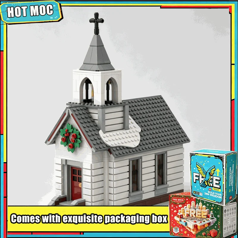 1075 PCS MOC Winter Church Modular City Street View Model Custom Puzzle Building Blocks DIY Assembly Christmas Scene Toy Gifts