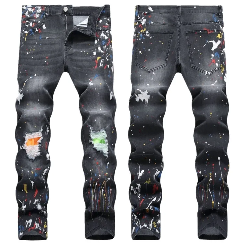 

Men Jeans Hand Abrasion Hombre Slim Denim Trousers High Quality Paint Printed Male Straight Casual Designer Biker Ripped Jeans