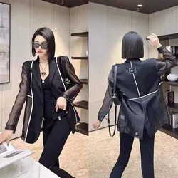Trendy Thin Patchwork Women's Suit Casual Jacket Design Loose Long Sleeve Sun Protection Black Suit Tops 2024 New Summer Blazers